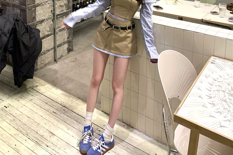 Blouse A-Line Smocked Two-Piece Set Off-Shoulder Skirt Striped Belt Long-Sleeve High Mock Panel Mini / Crop Waist