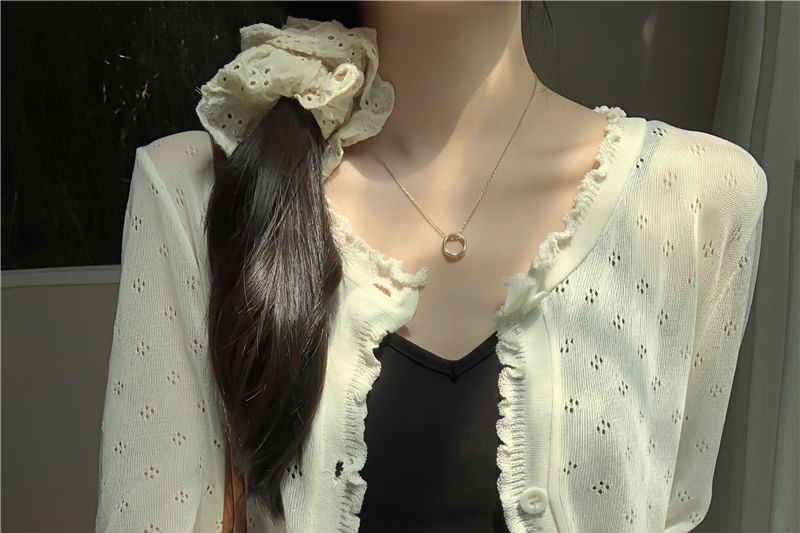 Knit Pointelle Lettuce Plain Cardigan Edge