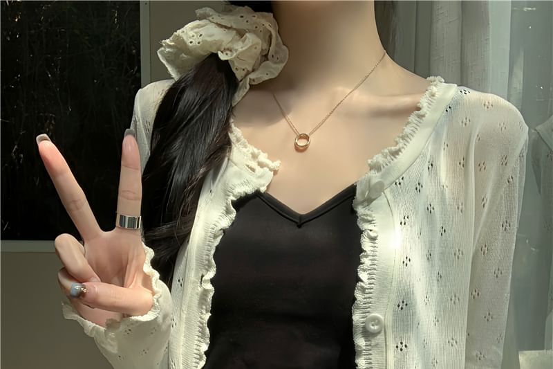 Knit Pointelle Lettuce Plain Cardigan Edge