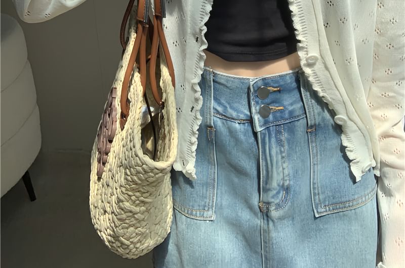 Knit Pointelle Lettuce Plain Cardigan Edge