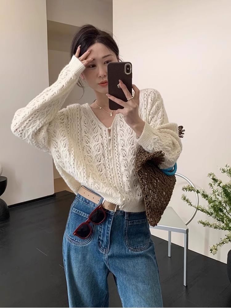 Cardigan Faux Pearl Button V-Neck Pointelle Knit Plain