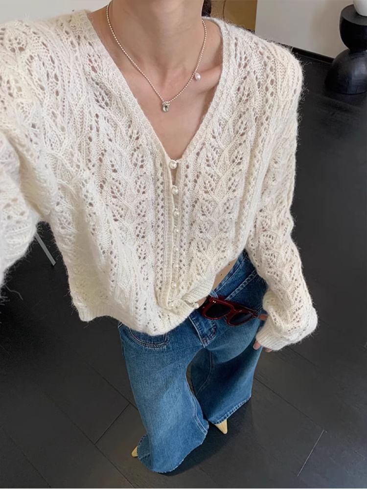 Cardigan Faux Pearl Button V-Neck Pointelle Knit Plain