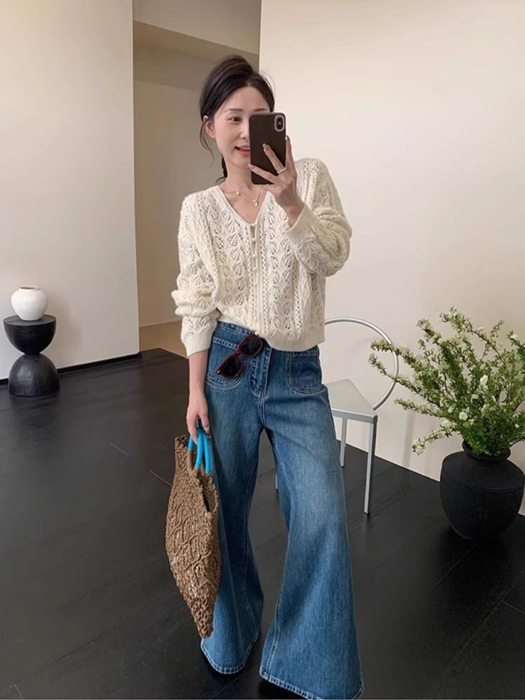 Cardigan Faux Pearl Button V-Neck Pointelle Knit Plain