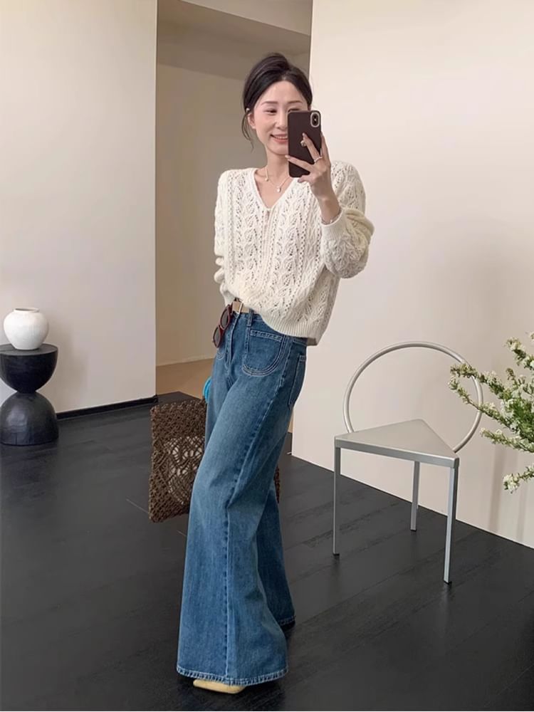 Cardigan Faux Pearl Button V-Neck Pointelle Knit Plain