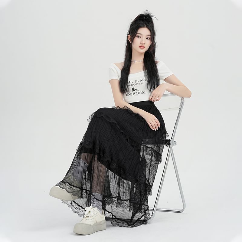 Midi A-Line Tiered Waist High Lace Skirt Plain