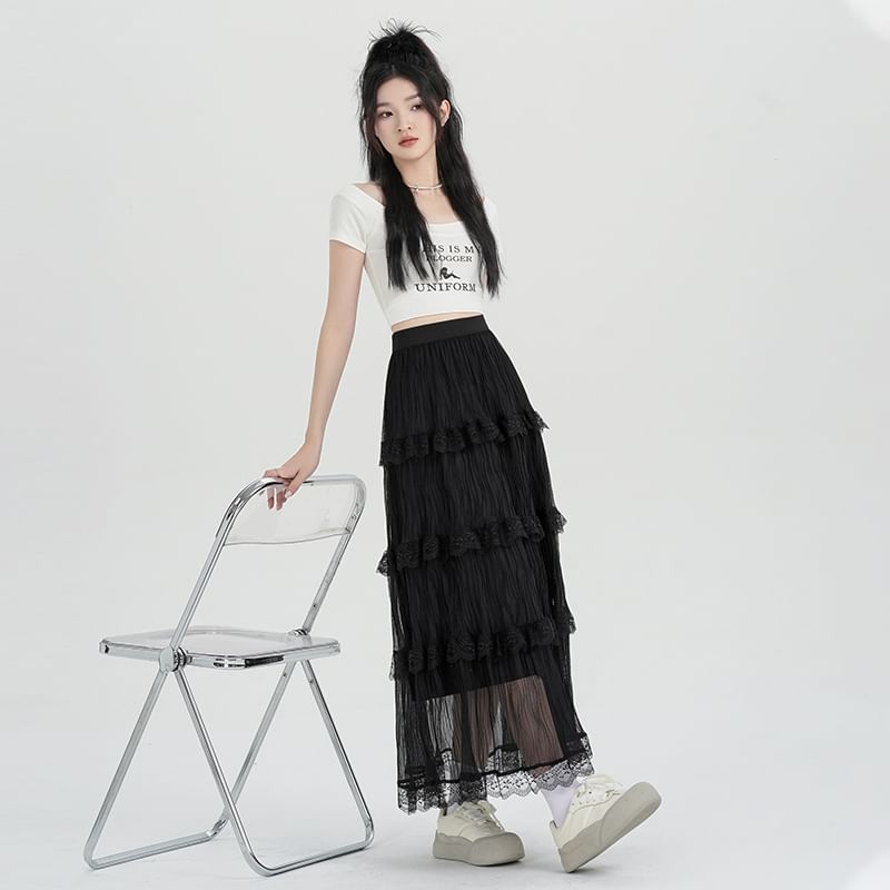 Midi A-Line Tiered Waist High Lace Skirt Plain
