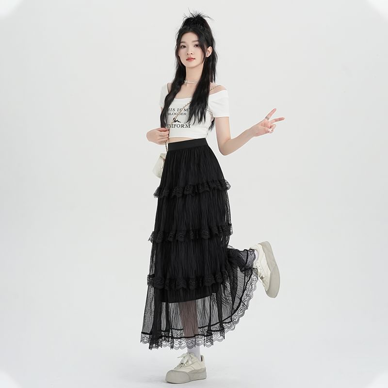 Midi A-Line Tiered Waist High Lace Skirt Plain