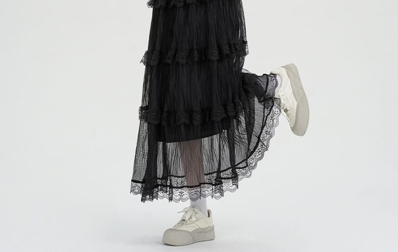Midi A-Line Tiered Waist High Lace Skirt Plain