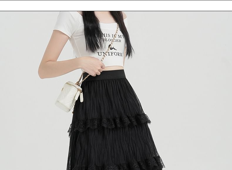 Midi A-Line Tiered Waist High Lace Skirt Plain