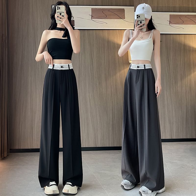 Panel High Slacks Wide Leg Lace Rise