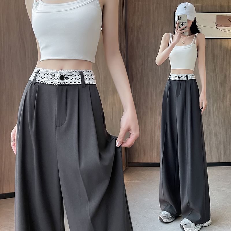 Panel High Slacks Wide Leg Lace Rise