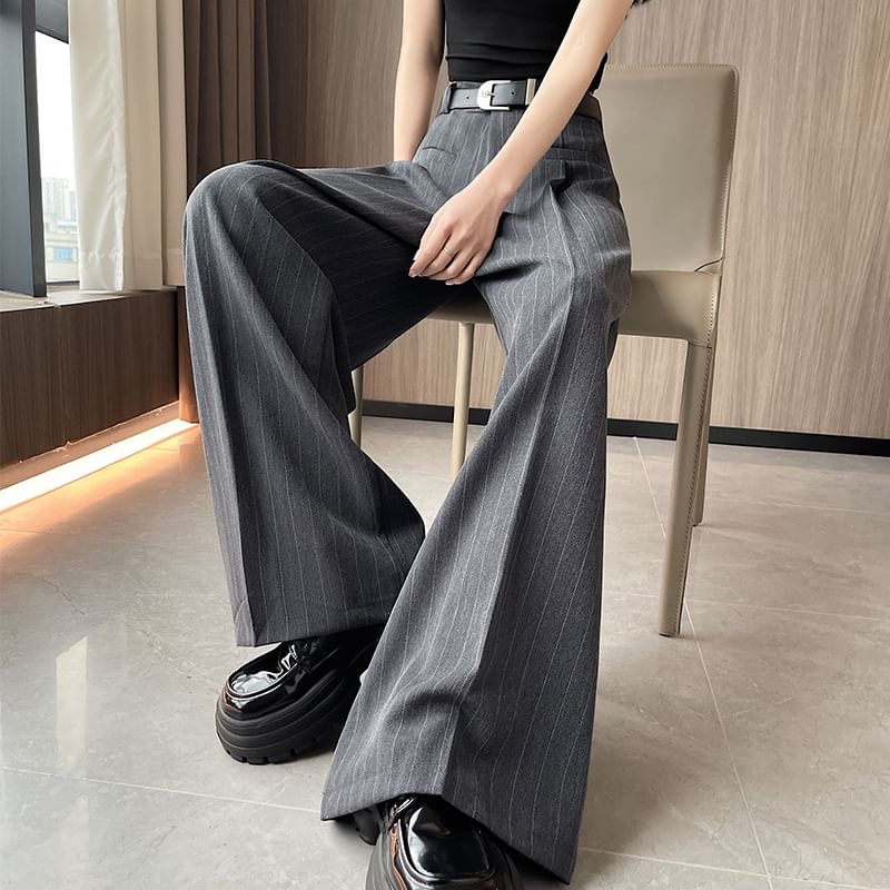 Dress Rise High Pinstriped Pants Leg Wide