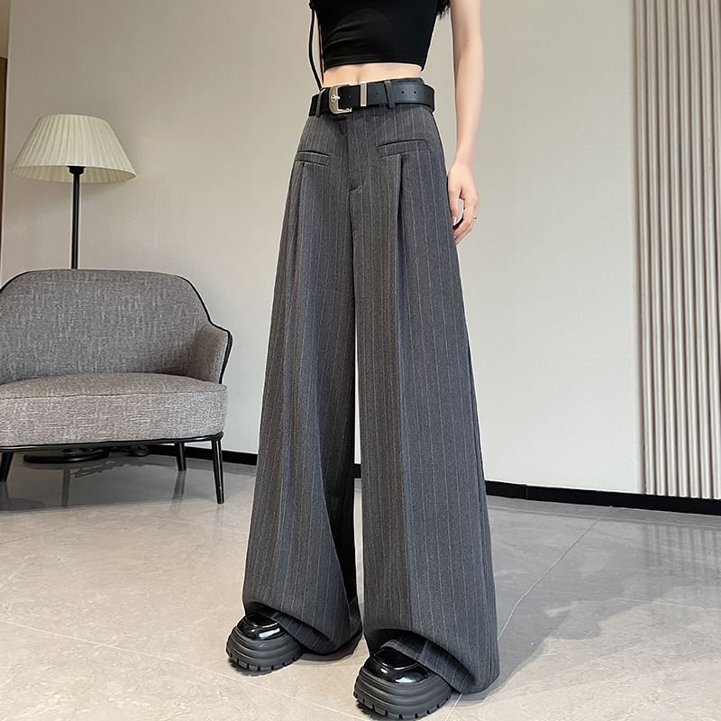Dress Rise High Pinstriped Pants Leg Wide