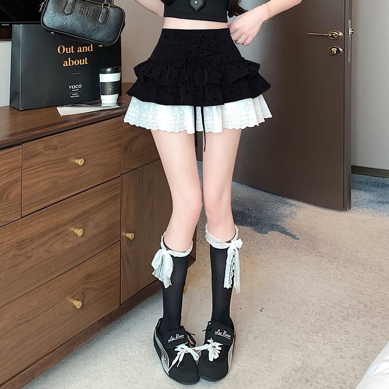 Waist Panel Bow Tiered A-Line High Mini Skirt Dotted Lace