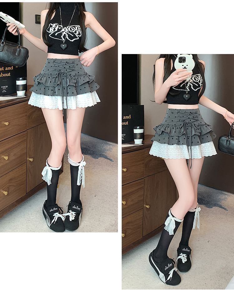 Waist Panel Bow Tiered A-Line High Mini Skirt Dotted Lace