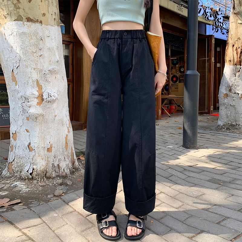 Elastic Cropped Wide Leg Waist Plain Pants