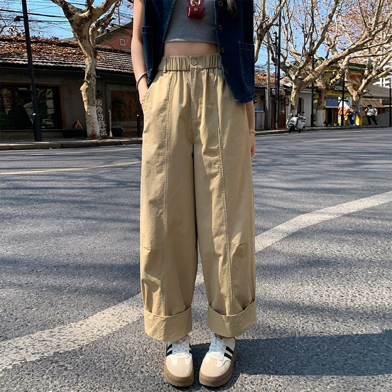 Elastic Cropped Wide Leg Waist Plain Pants