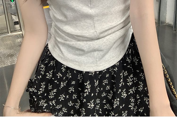 Half-Zip T-Shirt Ruched Fit Round Short-Sleeve Slim Neck