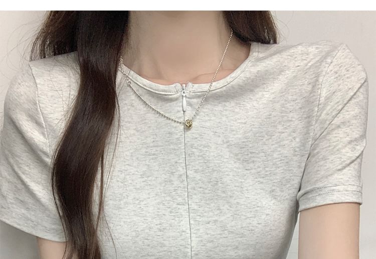 Half-Zip T-Shirt Ruched Fit Round Short-Sleeve Slim Neck