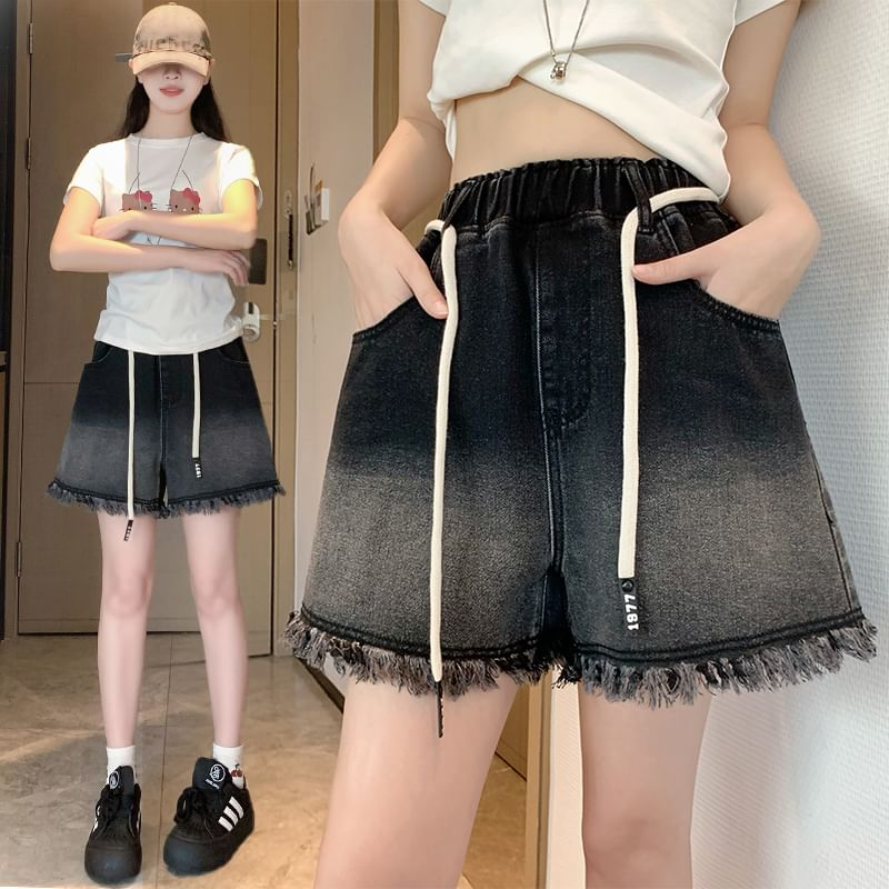 Washed Drawstring Fringed Shorts Waist Denim