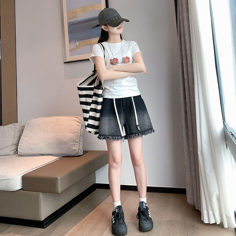 Washed Drawstring Fringed Shorts Waist Denim