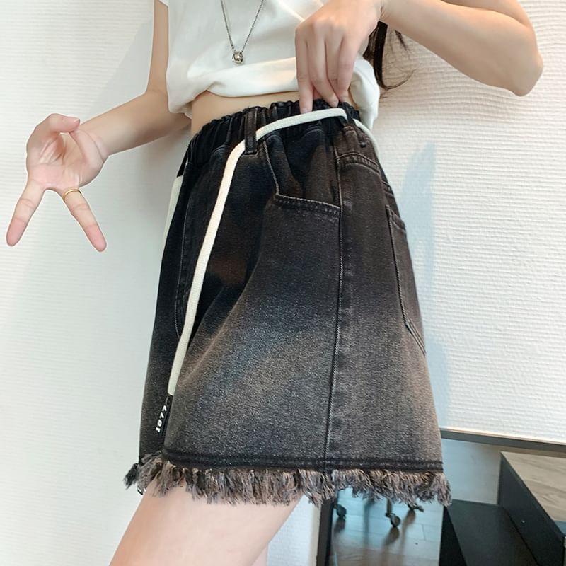 Washed Drawstring Fringed Shorts Waist Denim