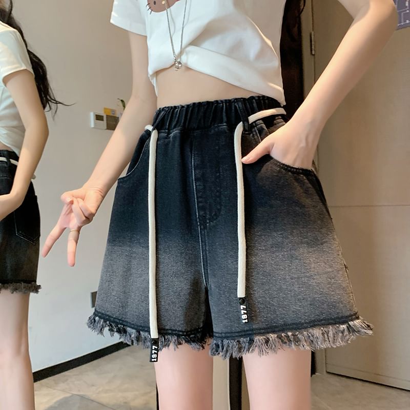 Washed Drawstring Fringed Shorts Waist Denim