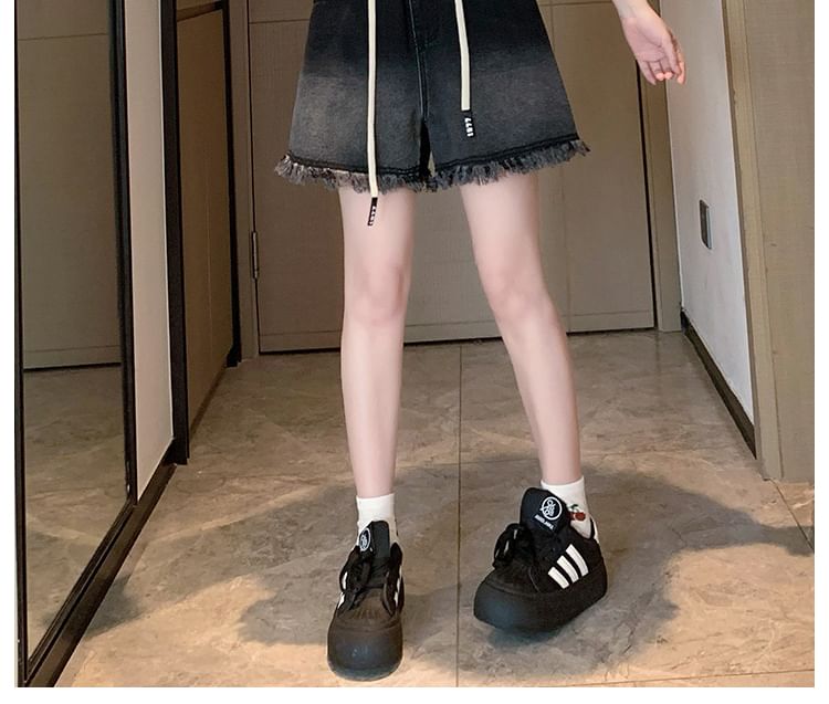 Washed Drawstring Fringed Shorts Waist Denim
