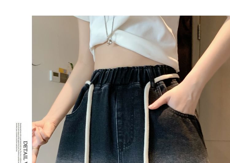 Washed Drawstring Fringed Shorts Waist Denim