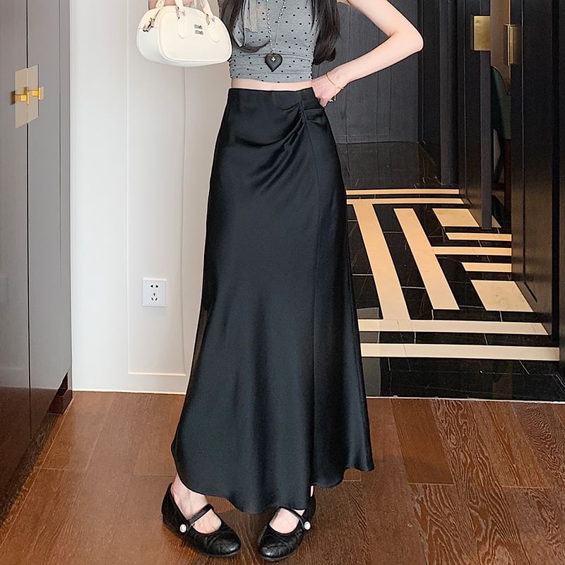 Midi Skirt High Ruched A-Line Waist Plain