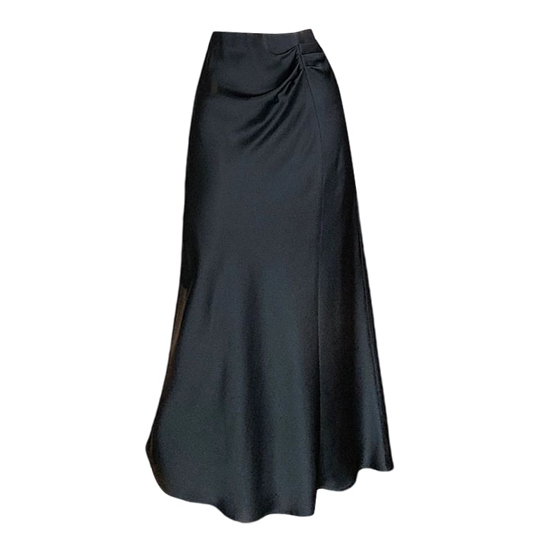 Midi Skirt High Ruched A-Line Waist Plain