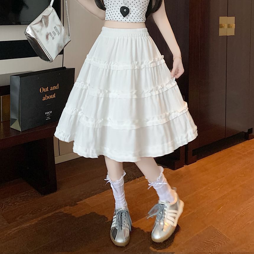 Ruffle Skirt Elastic Tiered Trim Plain A-Line Waist