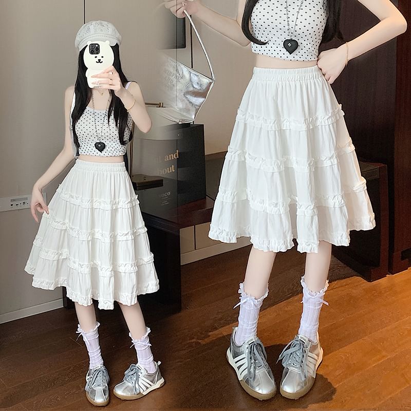 Ruffle Skirt Elastic Tiered Trim Plain A-Line Waist