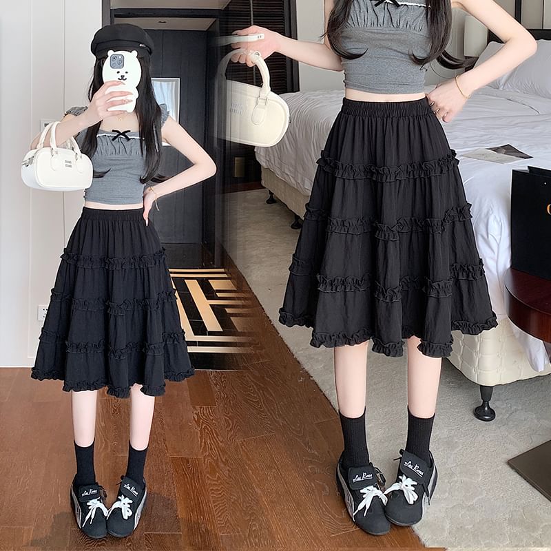 Ruffle Skirt Elastic Tiered Trim Plain A-Line Waist