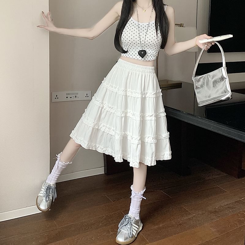 Ruffle Skirt Elastic Tiered Trim Plain A-Line Waist