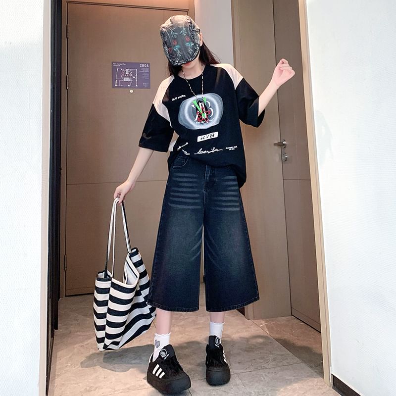 Wide High Leg Capri Waist Washed Jeans