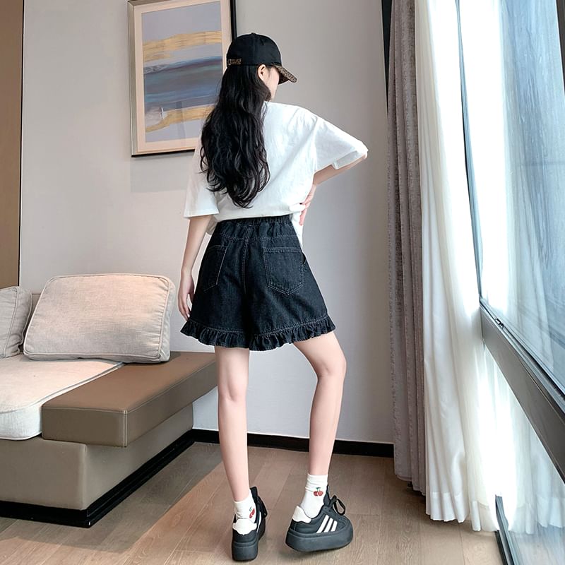 Ruffle Shorts Trim Elastic Denim Waist