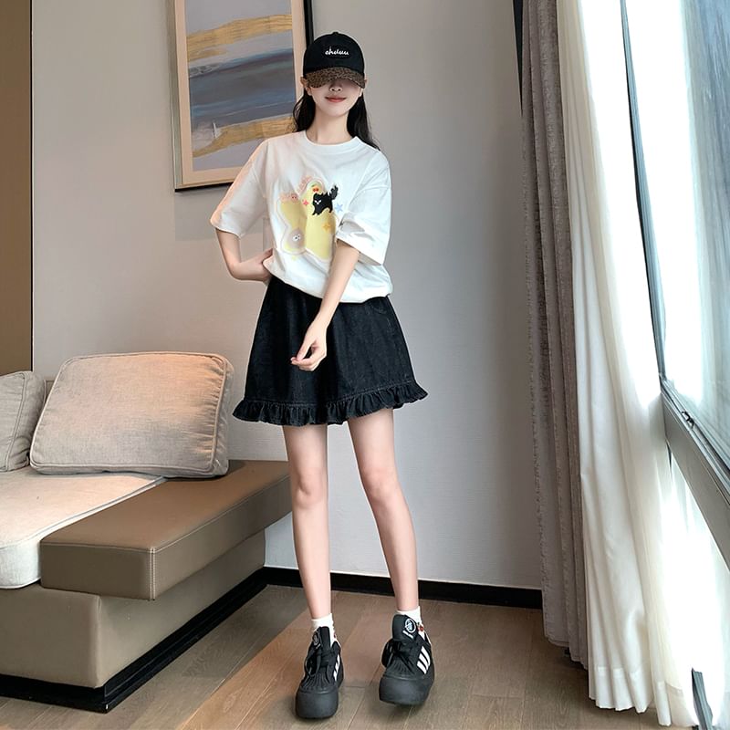 Ruffle Shorts Trim Elastic Denim Waist