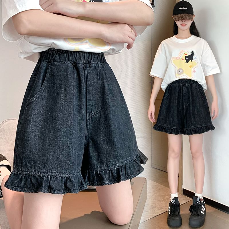 Ruffle Shorts Trim Elastic Denim Waist