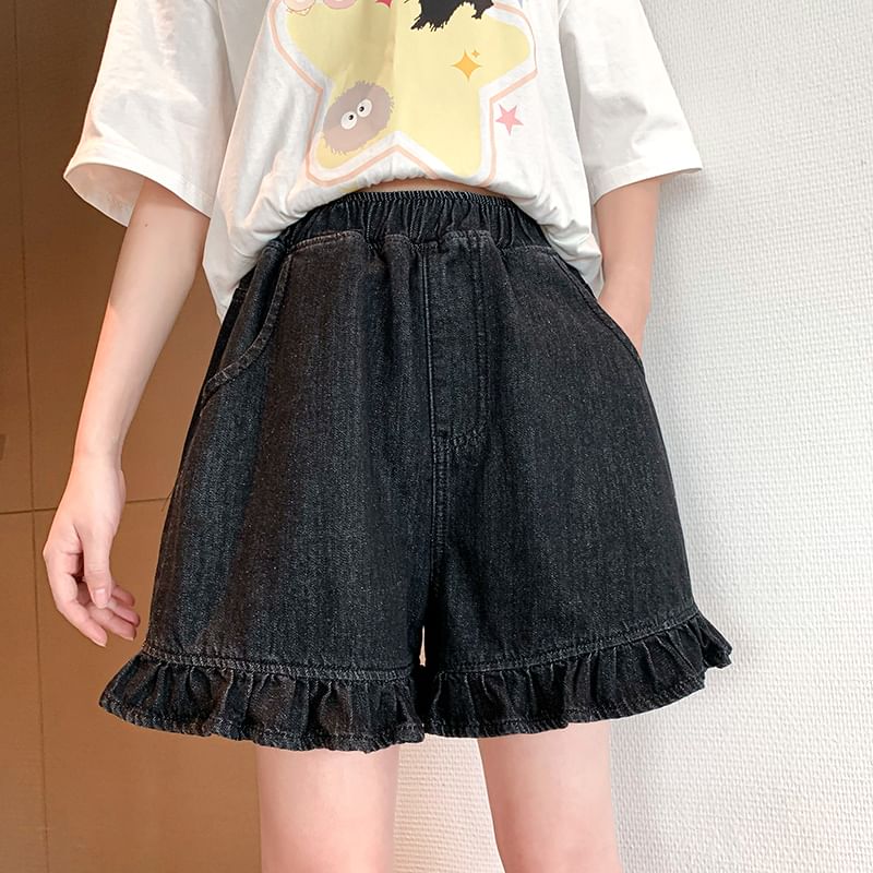 Ruffle Shorts Trim Elastic Denim Waist