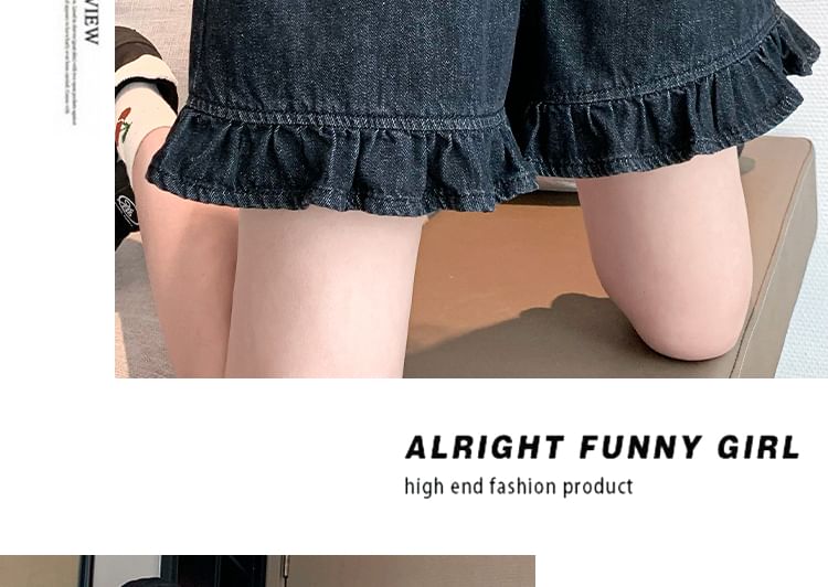 Ruffle Shorts Trim Elastic Denim Waist