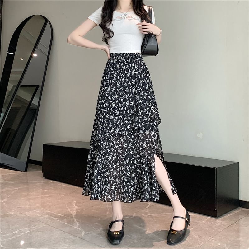 High Tiered A-Line Floral Midi Slit Skirt Rise