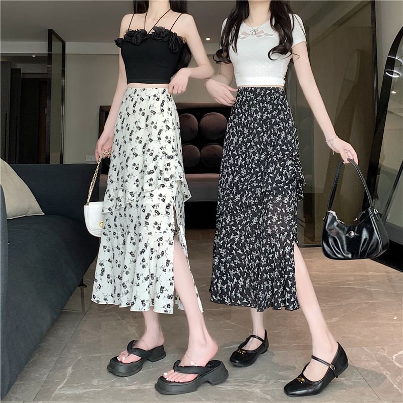 High Tiered A-Line Floral Midi Slit Skirt Rise