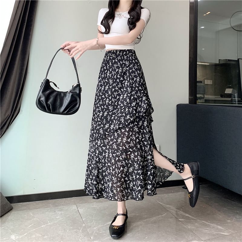 High Tiered A-Line Floral Midi Slit Skirt Rise