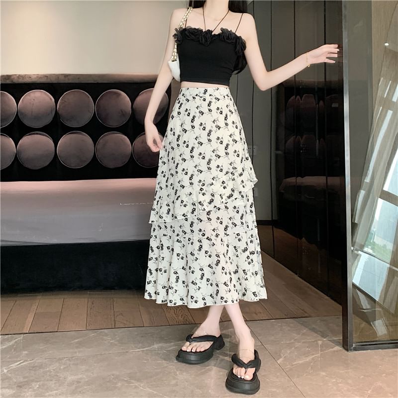 High Tiered A-Line Floral Midi Slit Skirt Rise