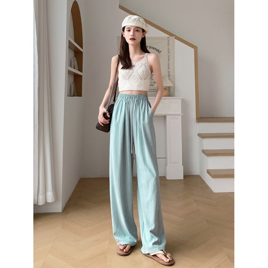 Drawstring Plain Pants Waist Wide Leg
