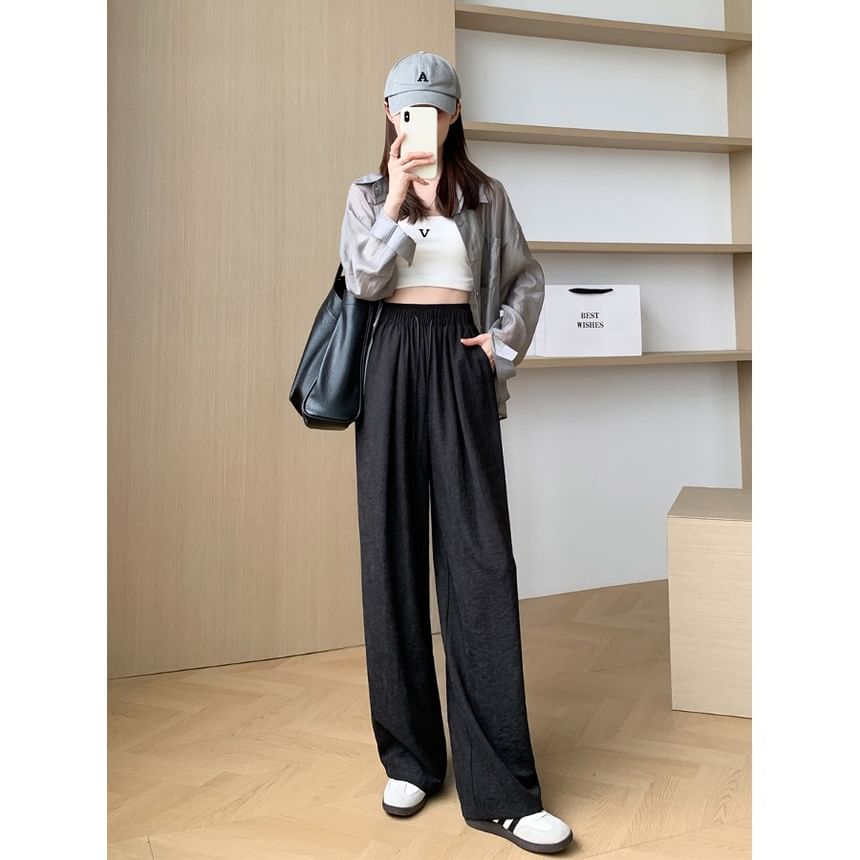 Drawstring Plain Pants Waist Wide Leg