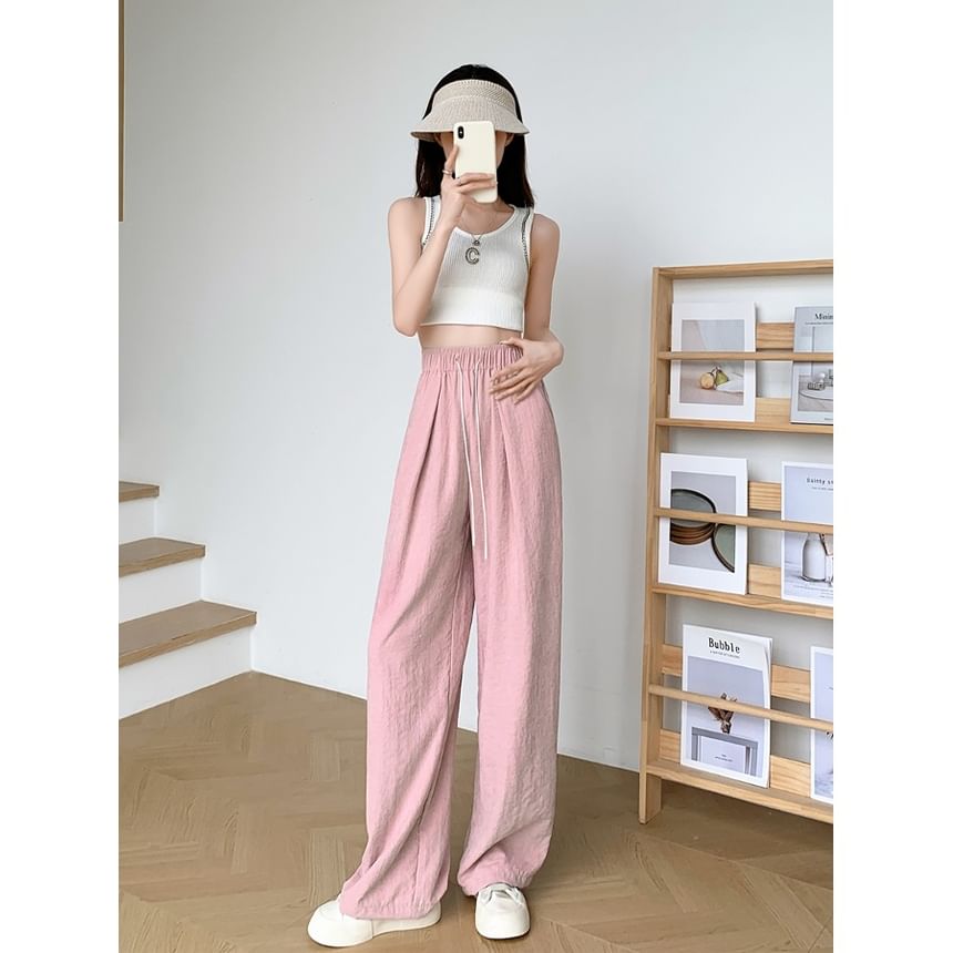 Drawstring Plain Pants Waist Wide Leg