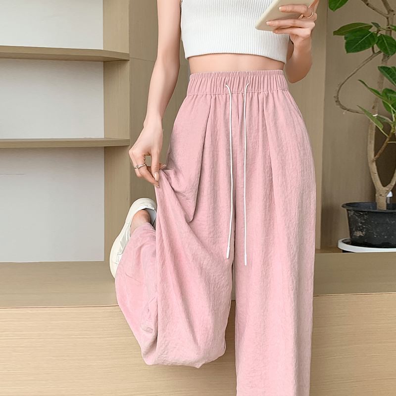 Drawstring Plain Pants Waist Wide Leg