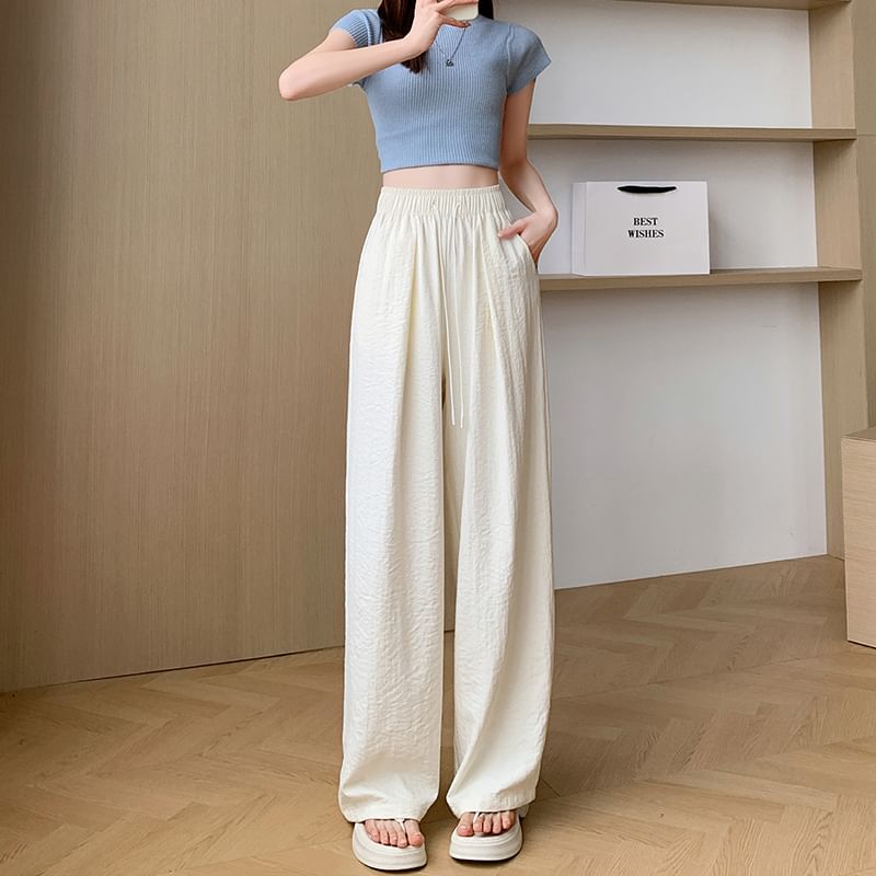 Drawstring Plain Pants Waist Wide Leg